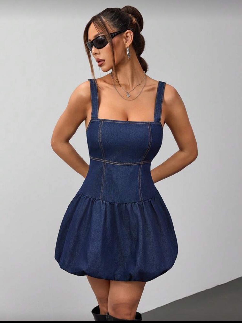 Square-Neck Dark Blue Denim Mini Dress